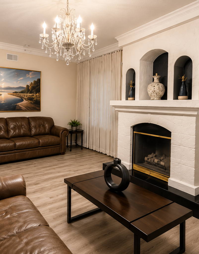 Elegant living room with fireplace and leather sofas